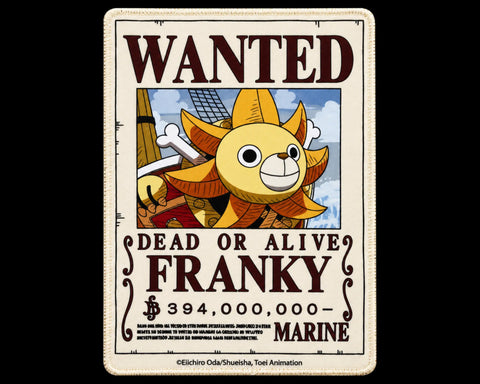 Franky One Piece gaming mouse pad featuring a vintage Wanted Dead or Alive bounty poster, Franky’s yellow sun-shaped hair, pirate ship background, bold dark-red lettering, and beige design.