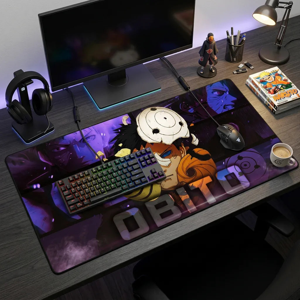 Gaming desk setup with large anime Obito mouse pad, RGB keyboard, mouse, headphones, and Naruto collectibles on wooden desk