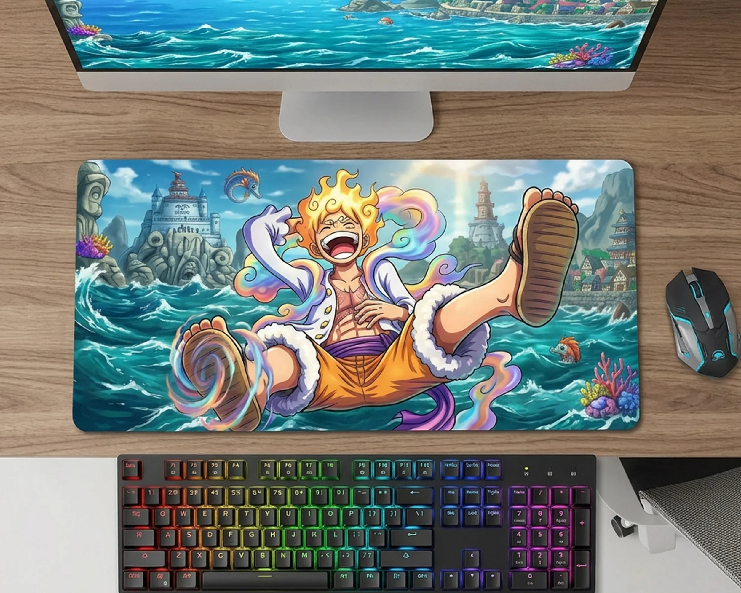 Gear 5 Luffy Ocean Adventure Anime Mouse Pad Colorful Wave Desk Mat - TCGVault