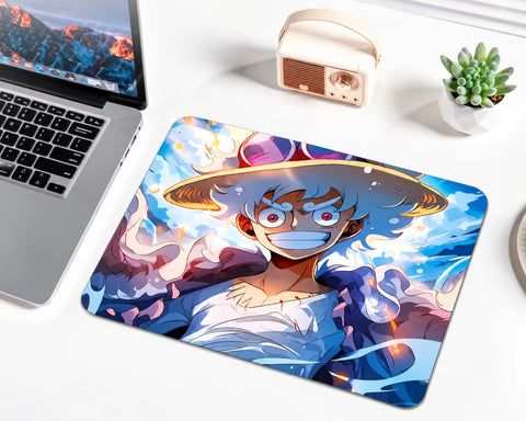 One Piece Gear 5 Luffy gaming mouse pad featuring Luffy with white flowing hair, a wide-brimmed straw hat, pink eyes, a big grin, and swirling blue and white clouds with purple energy effects.