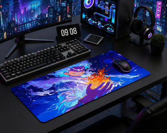 Gear 5 Luffy anime mouse pad with fire and imagination power design on RGB gaming desk setup