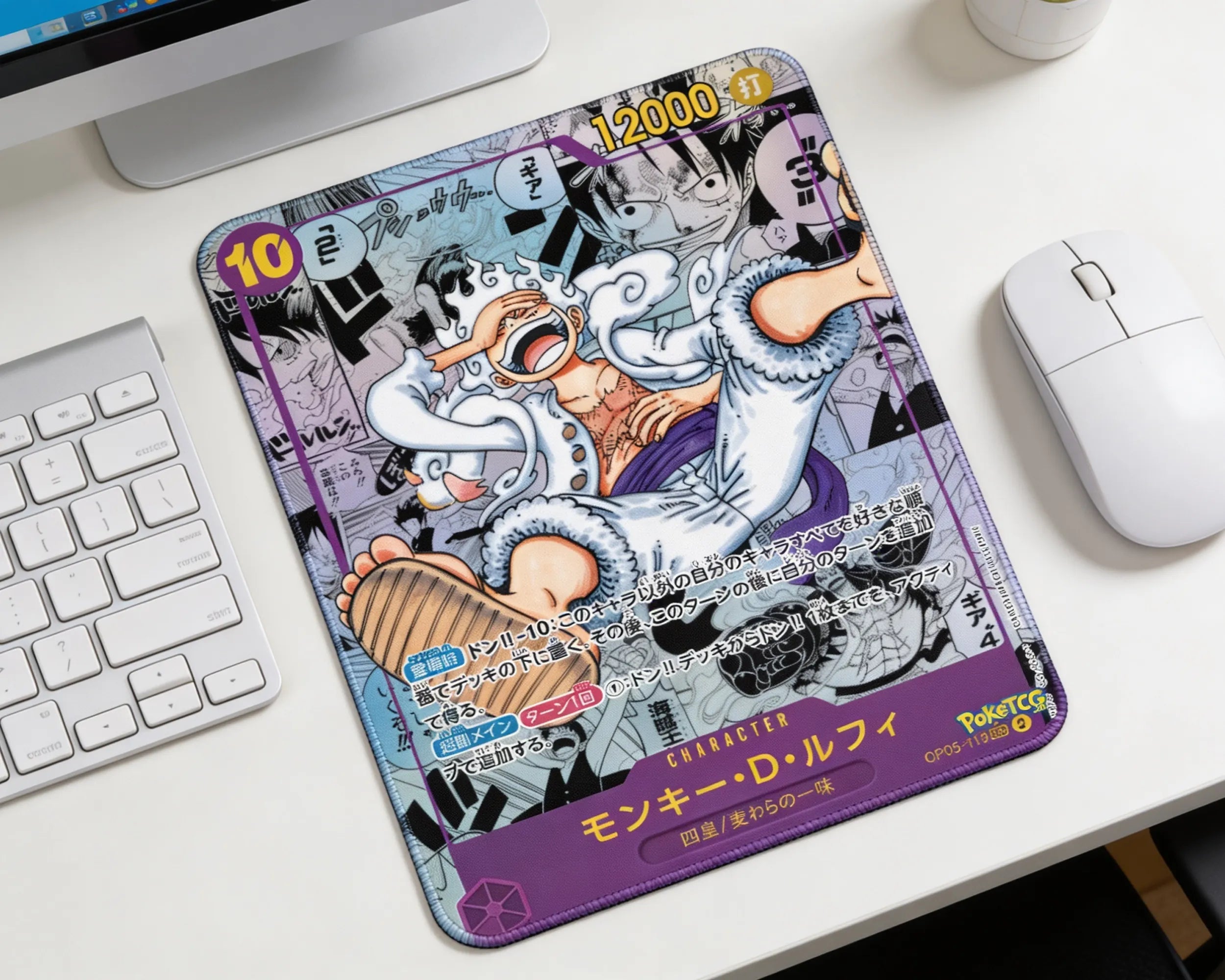 One Piece Gear 5 Luffy anime mouse pad with manga collage background placed beside keyboard and white wireless mouse