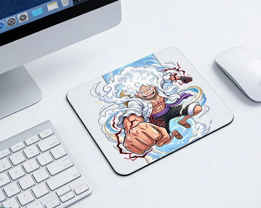 Gear 5 Luffy anime mouse pad with white cloud aura artwork placed on a clean white desktop gaming setup