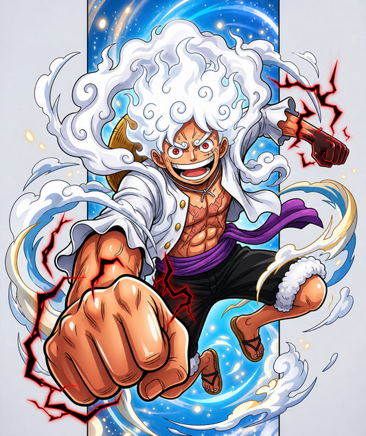 Close-up anime artwork of Gear 5 Luffy with glowing red lightning effects and swirling cloud energy in action pose