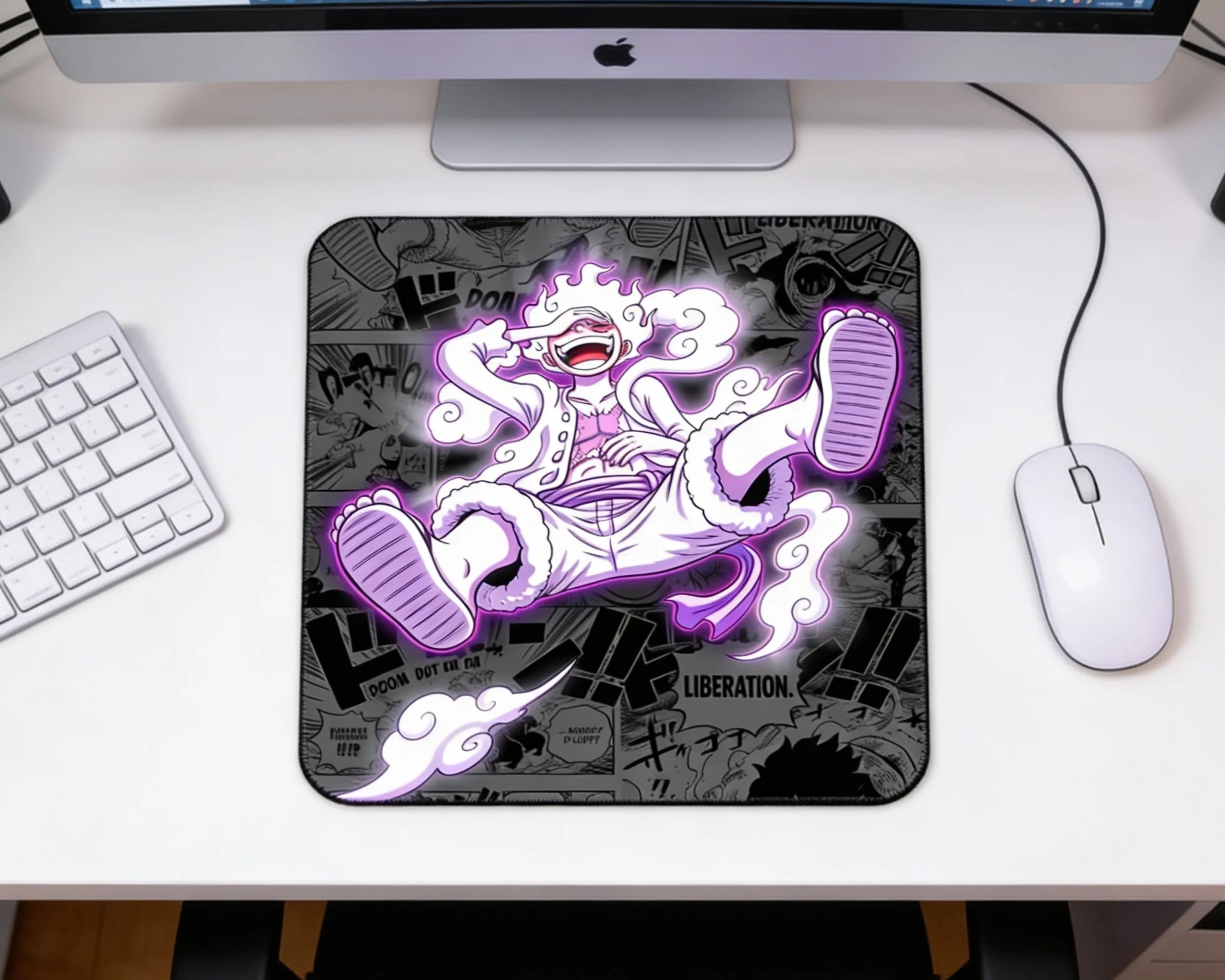 Gear 5 Monkey D. Luffy glowing purple anime mouse pad on minimal white desktop setup with Apple keyboard and mouse