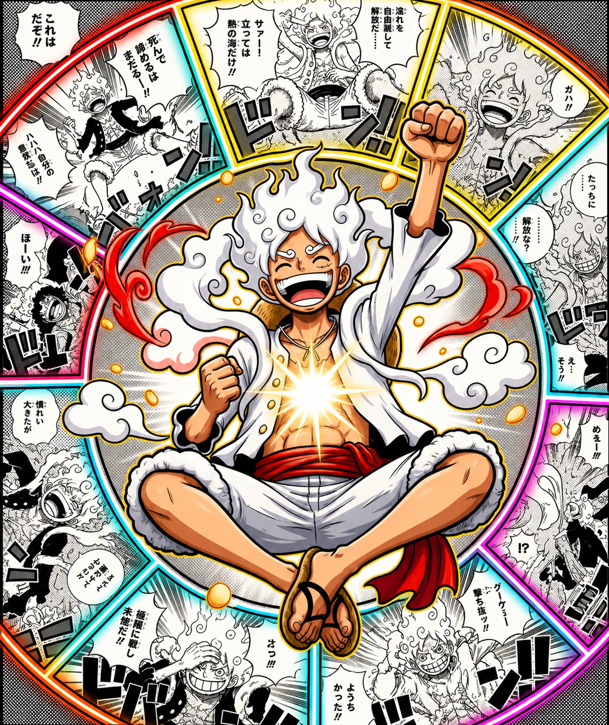 Close-up anime artwork of Gear 5 Luffy smiling with raised fist surrounded by colorful manga panels and cloud effects