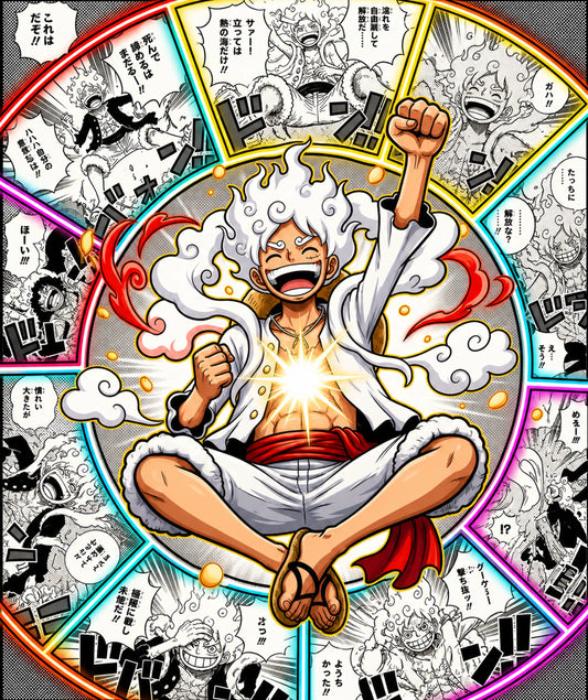 Close-up anime artwork of Gear 5 Luffy smiling with raised fist surrounded by colorful manga panels and cloud effects