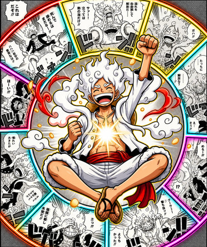 Close-up anime artwork of Gear 5 Luffy smiling with raised fist surrounded by colorful manga panels and cloud effects