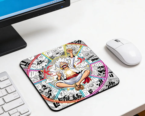 Gear 5 Luffy anime manga collage mouse pad on clean white desktop beside wireless mouse and keyboard