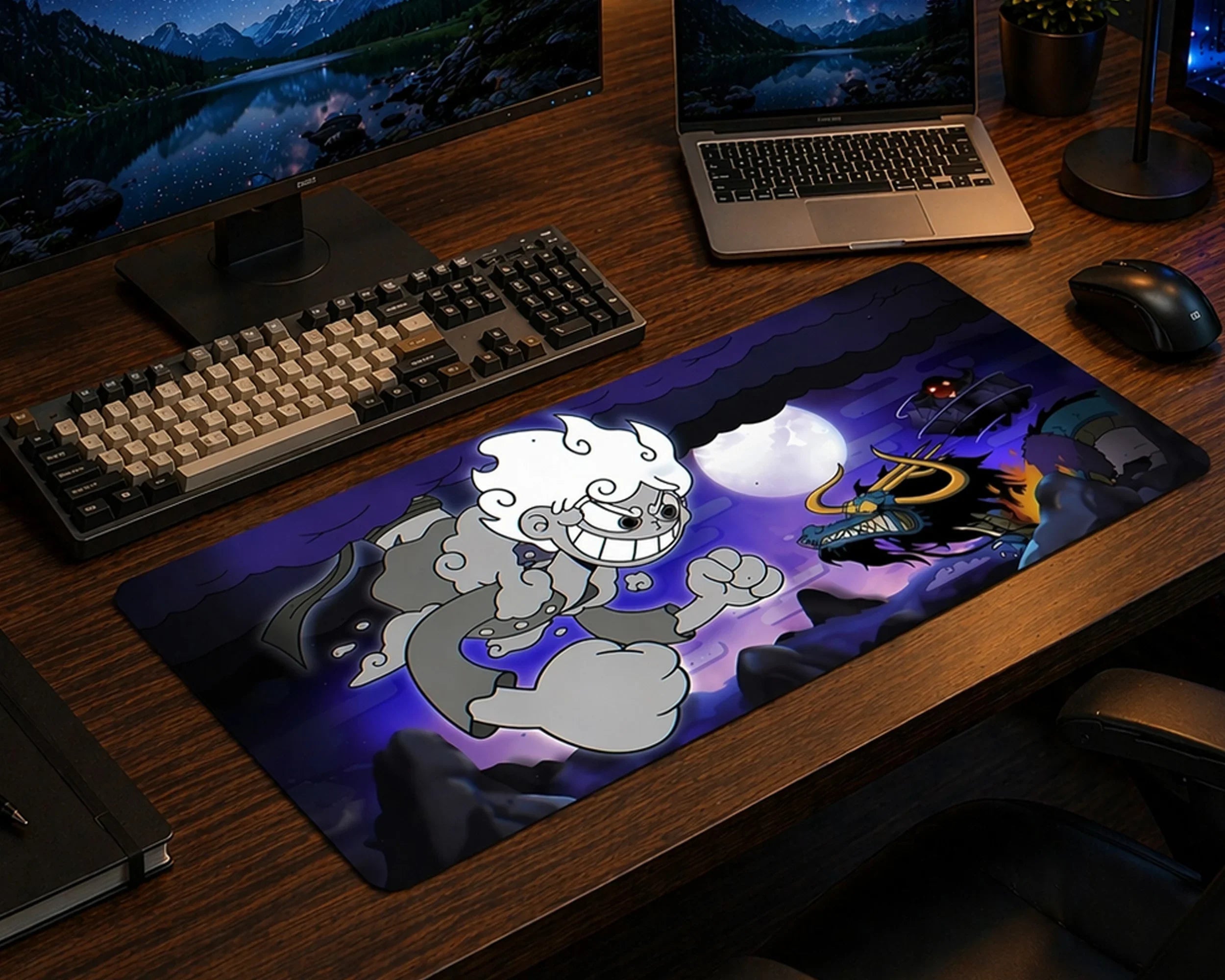 One Piece Gear 5 Luffy vs Kaido mouse pad, extended anime desk mat with night battle scene, large gaming keyboard and mouse pad.
