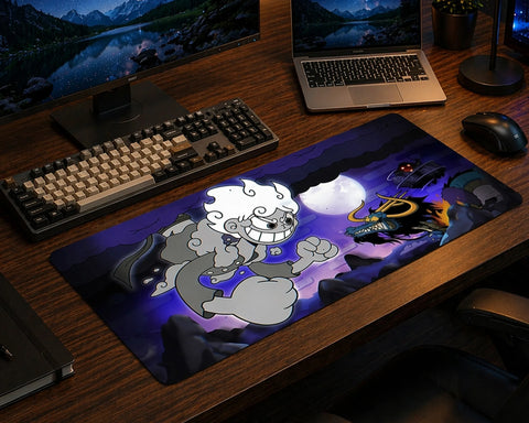 One Piece Gear 5 Luffy vs Kaido mouse pad, extended anime desk mat with night battle scene, large gaming keyboard and mouse pad.