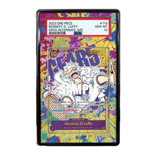 Colorful trading card featuring Monkey D. Luffy from One Piece with a vibrant border.