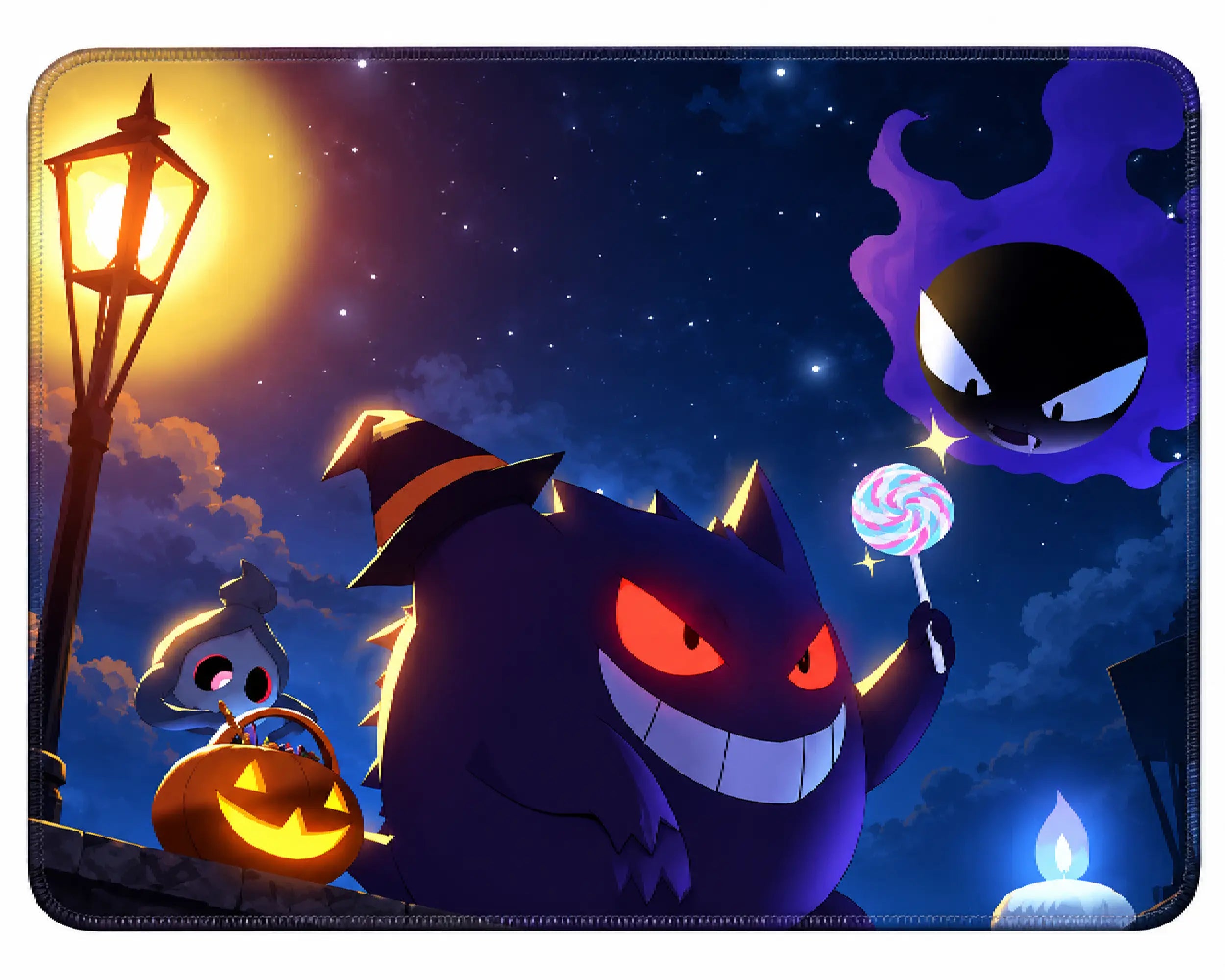 Gengar Pokémon Halloween mouse pad featuring a grinning purple ghost holding a colorful lollipop under a starry night sky, with a glowing jack-o’-lantern, ghost character, streetlamp, and candle.