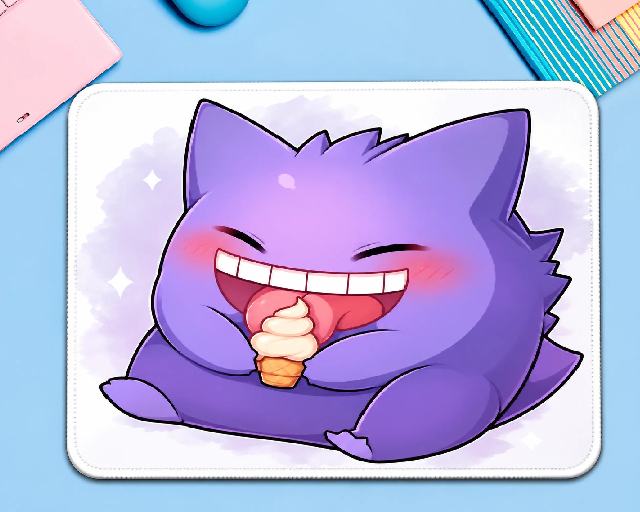 Cute purple Gengar Pokémon mouse pad featuring Gengar smiling with rosy cheeks while eating a vanilla ice cream cone, on a soft lavender and white background.