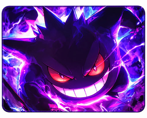 Gengar Pokémon gaming mouse pad featuring a fierce purple ghost with glowing red eyes and a wide grin, surrounded by bright purple, magenta, and electric blue energy effects.