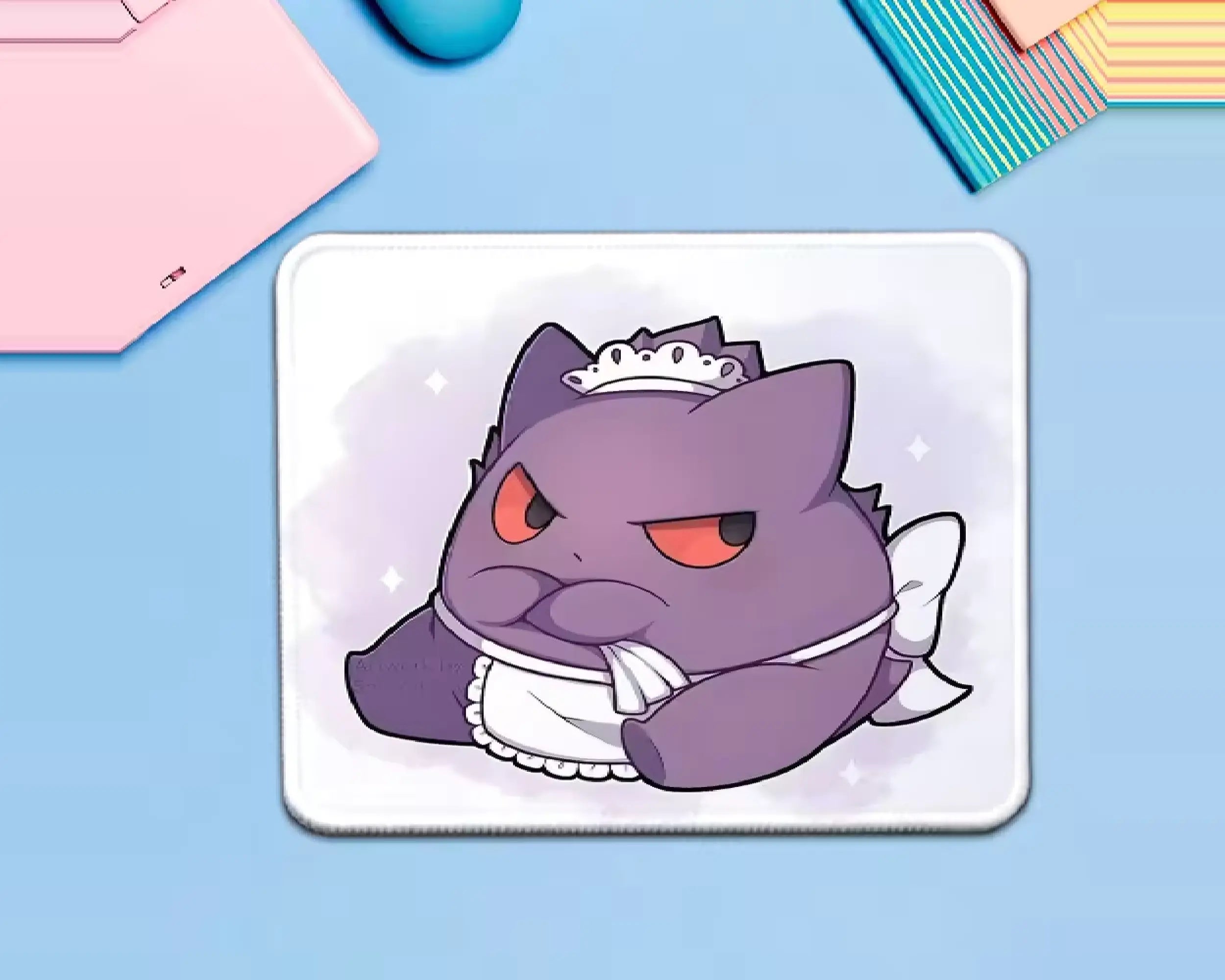 Gengar Pokémon mouse pad featuring a cute purple ghost character in a white maid outfit with a small headpiece, red eyes, and a soft lavender background.
