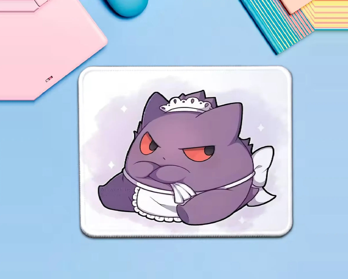 Gengar Pokémon mouse pad featuring a cute purple ghost character in a white maid outfit with a small headpiece, red eyes, and a soft lavender background.
