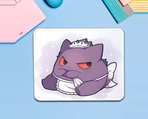 Gengar Pokémon mouse pad featuring a cute purple ghost character in a white maid outfit with a small headpiece, red eyes, and a soft lavender background.
