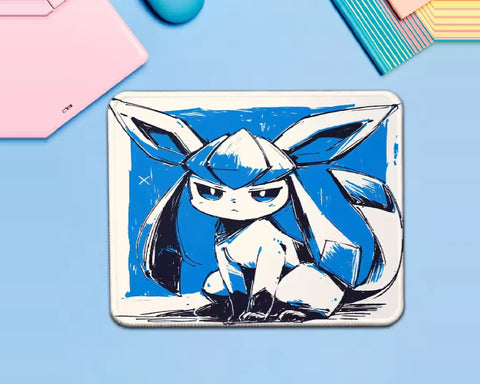 Glaceon Pokémon gaming mouse pad featuring a seated blue and white Ice-type Pokémon with long pointed ears, dark blue details, and bold sketch-style outlines on a bright blue background.