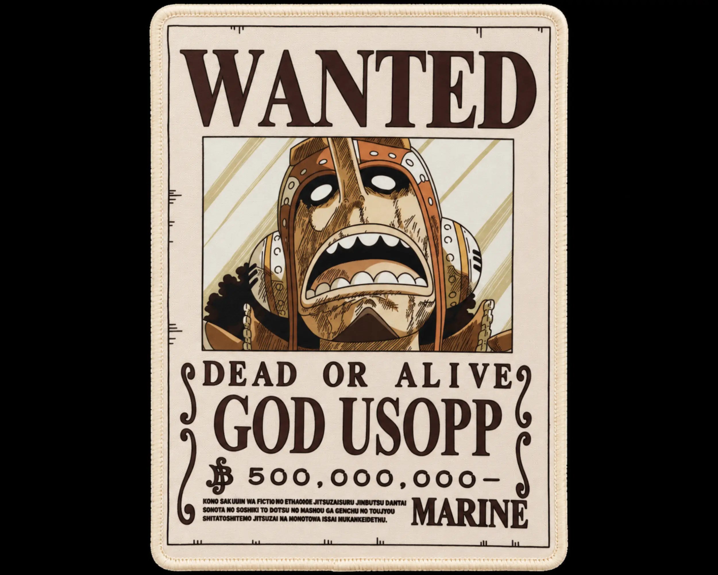 God Usopp One Piece gaming mouse pad featuring a vintage Wanted Dead or Alive bounty poster, Usopp portrait, cream background, and dark-brown lettering.