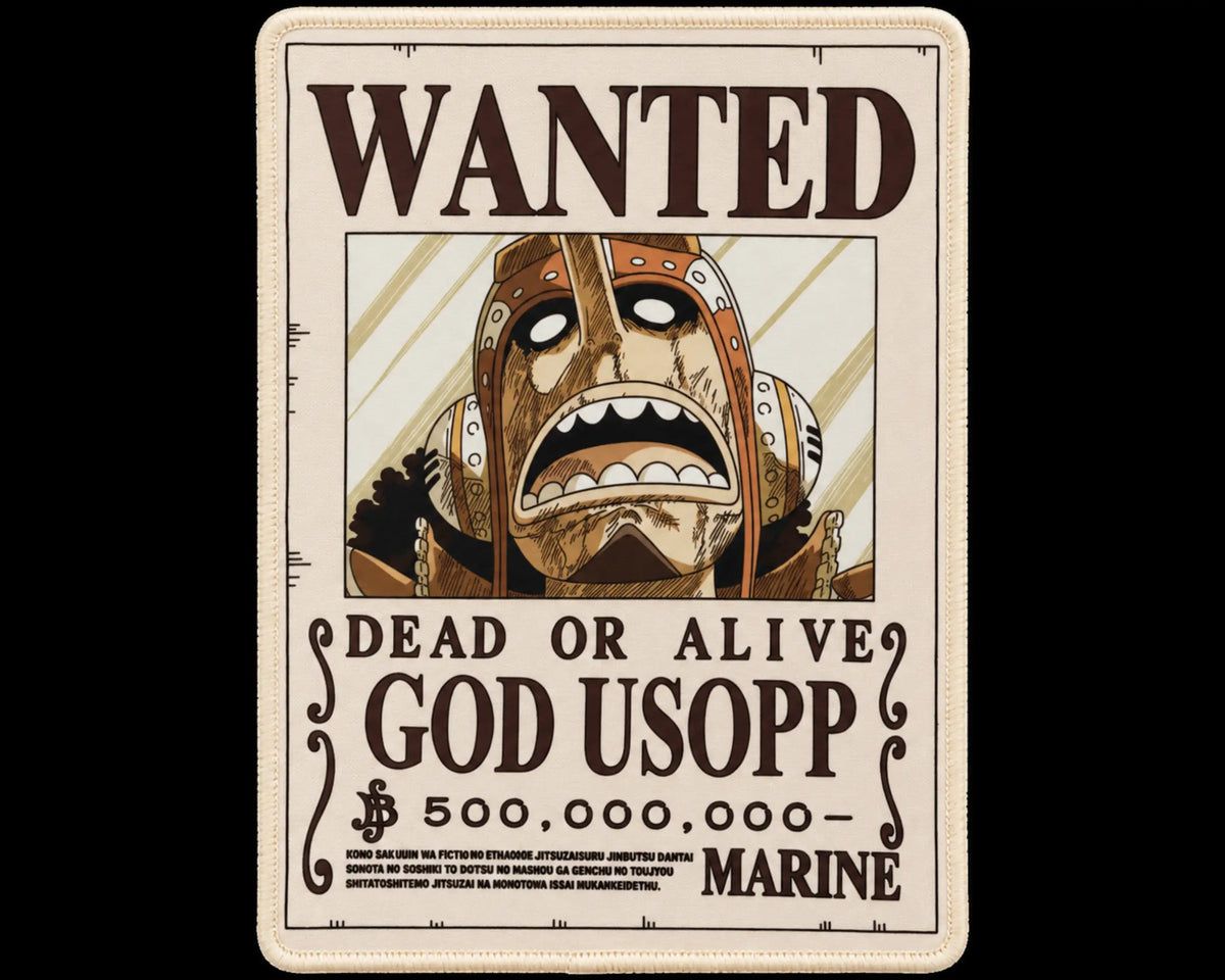 God Usopp One Piece gaming mouse pad featuring a vintage Wanted Dead or Alive bounty poster, Usopp portrait, cream background, and dark-brown lettering.