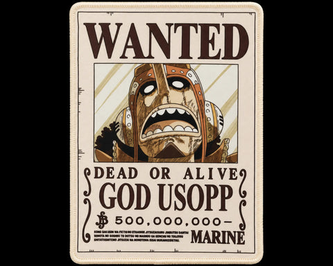God Usopp One Piece gaming mouse pad featuring a vintage Wanted Dead or Alive bounty poster, Usopp portrait, cream background, and dark-brown lettering.