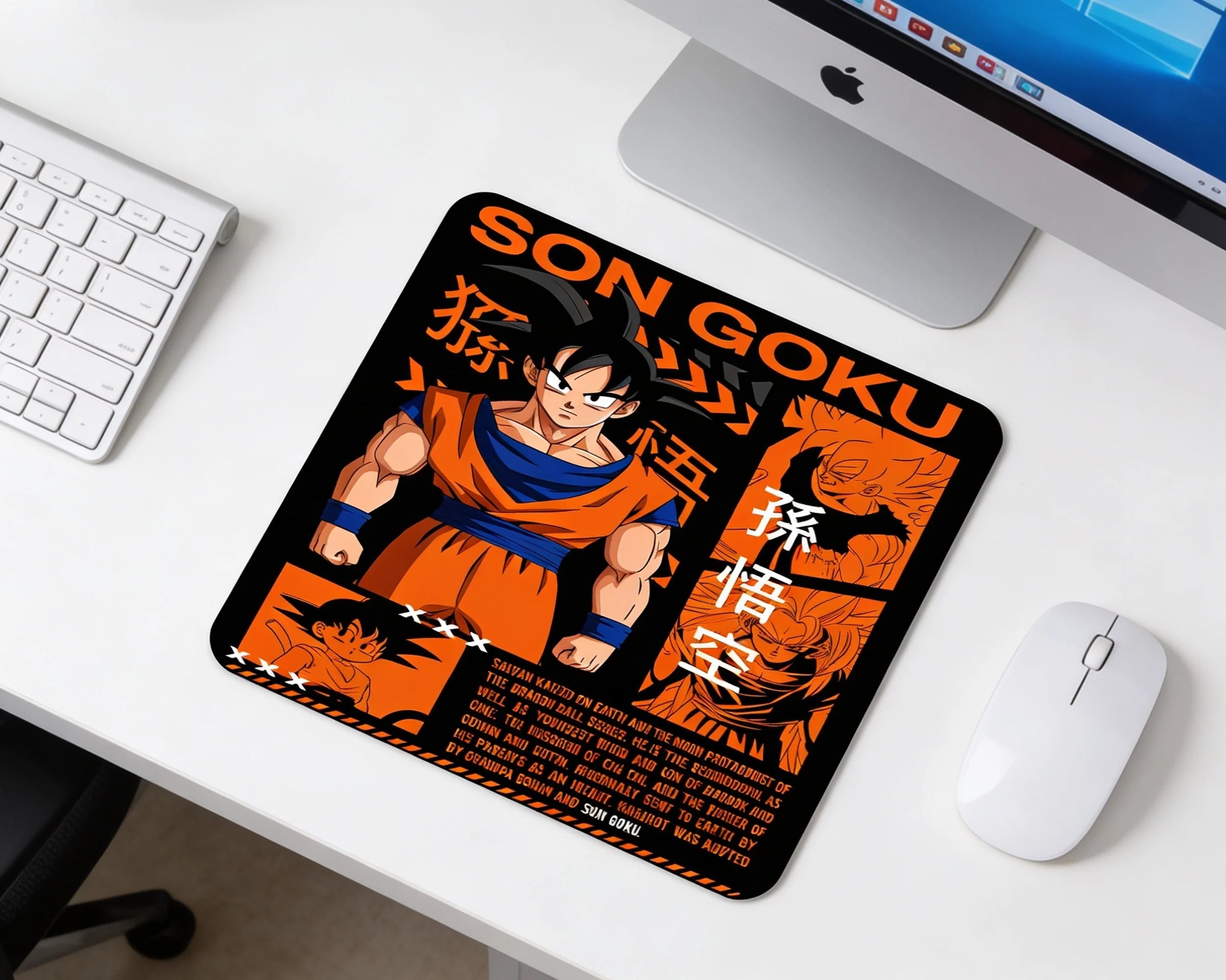Dragon Ball Son Goku themed gaming mouse pad with orange Japanese graphic design beside keyboard and mouse