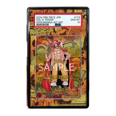 A PSA-graded One Piece manga art card featuring Gol D. Roger, displayed inside a black protective case.
