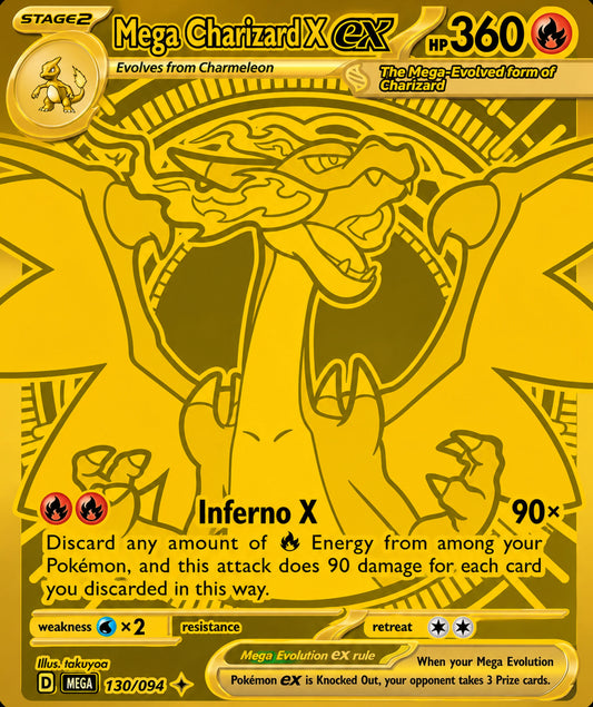 Close-up gold Mega Charizard EX Pokémon card artwork featuring monochrome dragon design with premium collectible style details