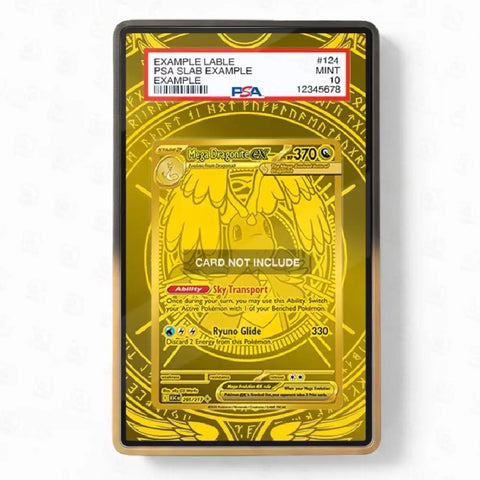 A PSA-graded collectible display card in a black and gold sample label, featuring a golden eagle illustration and printed grading information at the top. The card is photographed against a plain white background.