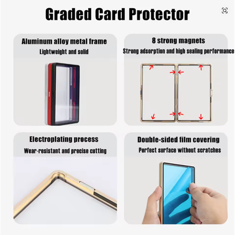 Graded card protector with features like aluminum alloy metal frame, strong magnets, electroplating process, and double-sided film.