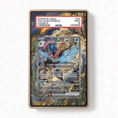 A PSA-graded slab containing a Pokémon card, shown against a plain light background. The slab has a red PSA label at the top reading 'EXAMPLE SLAB EXAMPLE' and 'MINT 10'.