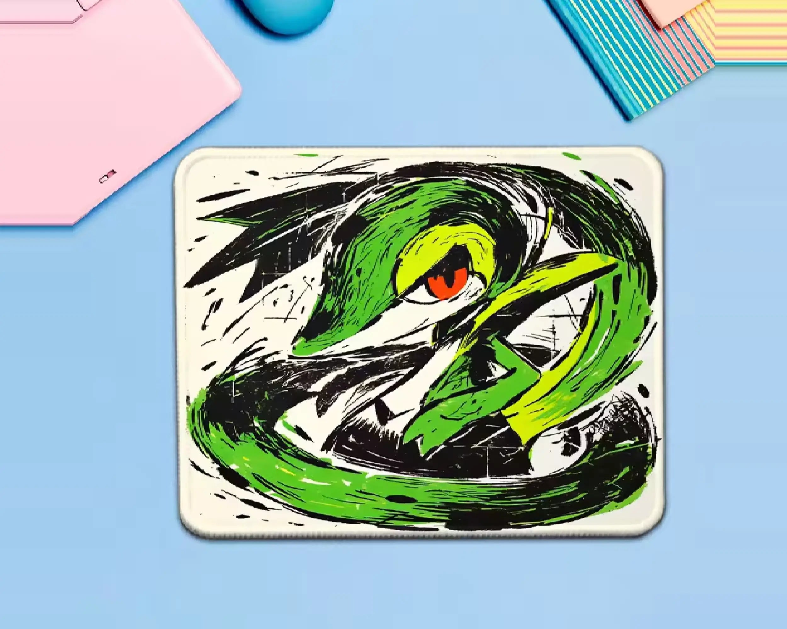 Grovyle Pokémon gaming mouse pad featuring a green Grass-type Pokémon in a curled pose, with a sharp red eye, leaf-like features, cream accents, and bold black sketch-style artwork.