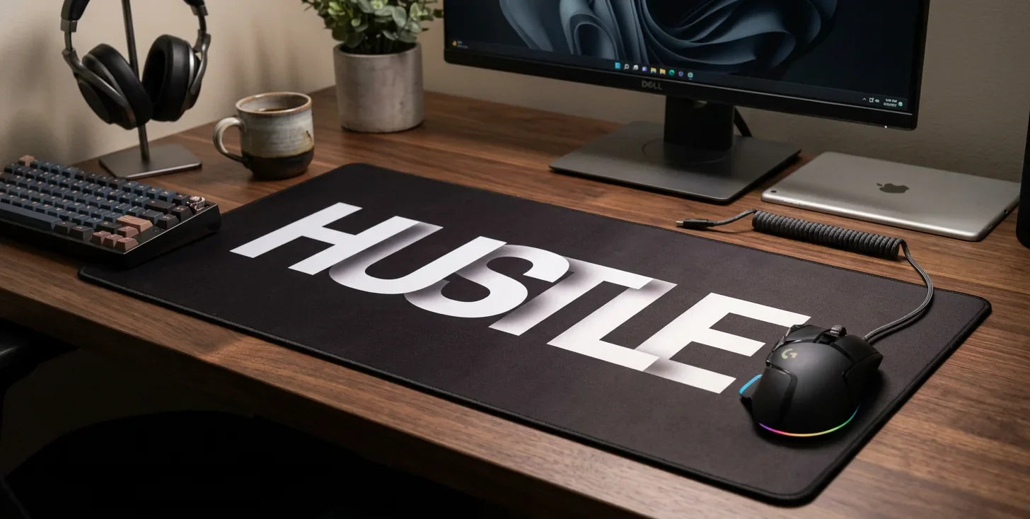 Hustle XL mouse pad in aesthetic desk setup with mechanical keyboard and RGB mouse, perfect for gaming and focused work.