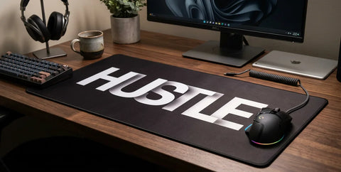 Hustle XL mouse pad in aesthetic desk setup with mechanical keyboard and RGB mouse, perfect for gaming and focused work.