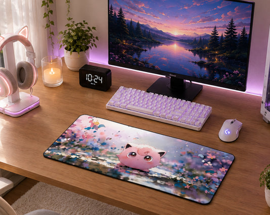 A large desk mat featuring a cute pink cartoon character on a colorful water and cherry blossom background, styled on a wooden desk next to a keyboard, mouse, and monitor.