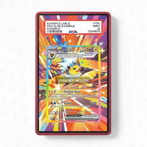A PSA graded sample Pokémon TCG card slab showing a colorful holographic card insert, photographed against a plain white background. The slab has a red border and a PSA label at the top.