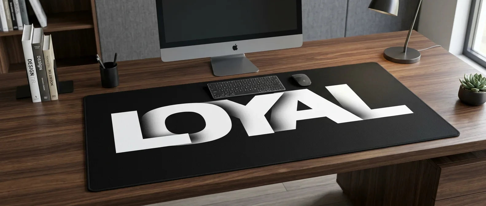 Large LOYAL mouse pad in modern office desk setup, motivational workspace gear for focus, discipline, and consistency.