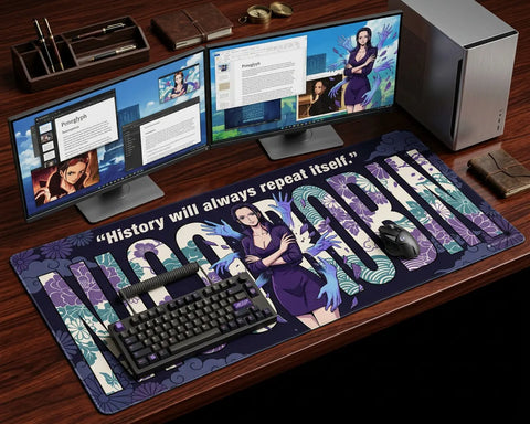 Large Nico Robin anime desk mat in triple monitor setup with mechanical keyboard and PC, featuring floral pattern and multiple arms design.