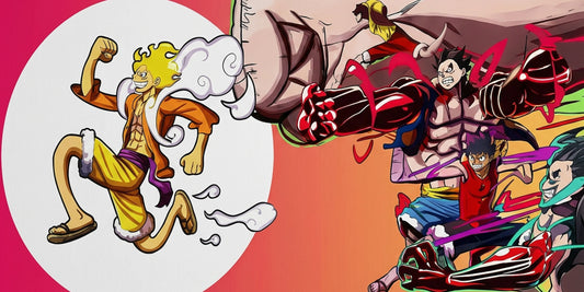 Large One Piece anime desk mat featuring Gear 5 Luffy on left and action battle scene on right with vibrant red and orange background