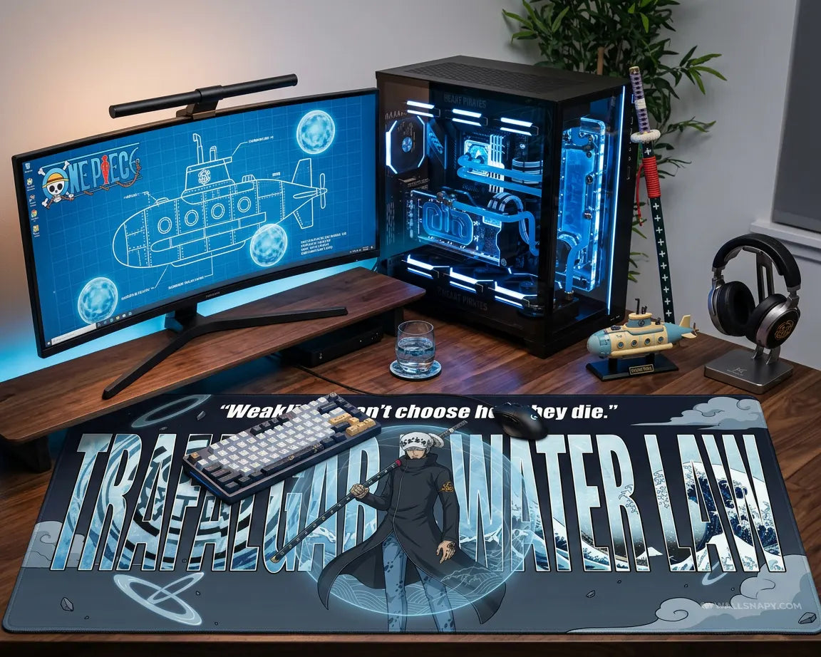 Large Trafalgar Law desk mat in gaming setup with curved monitor, RGB PC, and anime-themed accessories, showing One Piece character design.
