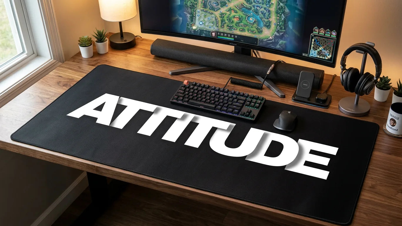 Large extended attitude desk mat with mechanical keyboard and gaming setup, motivational desk accessory for focus and discipline.