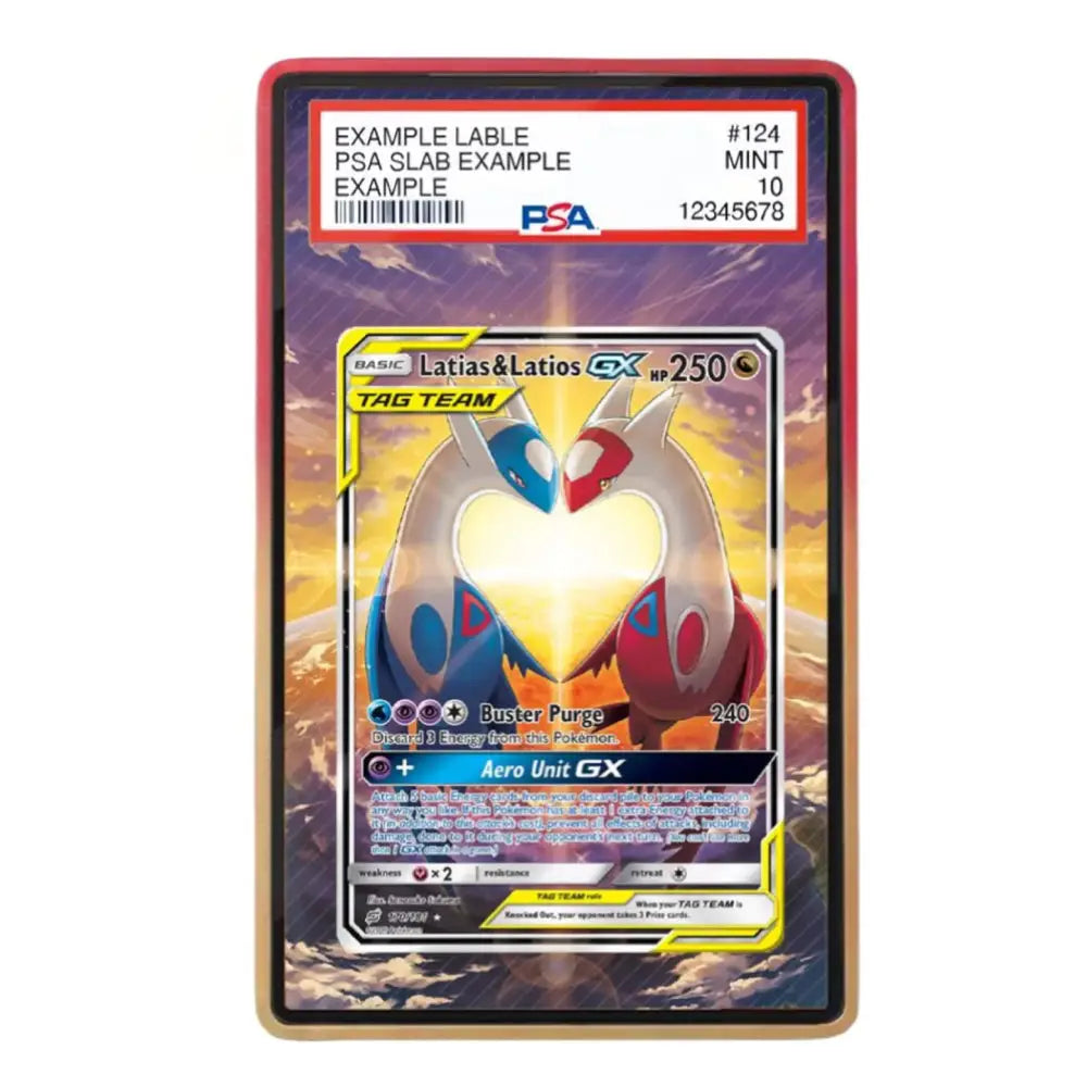 A PSA graded Latias & Latios GX trading card with a red slab border, showing the PSA authentication label at the top and the card artwork in the center.