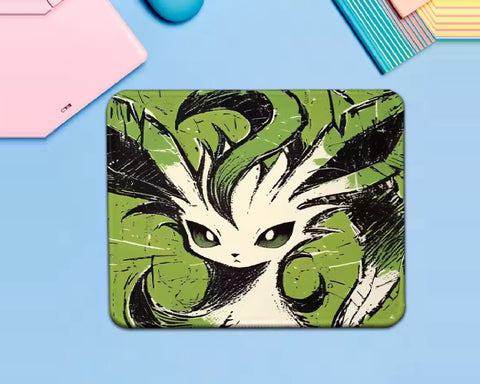 Leafeon Pokémon gaming mouse pad featuring a close-up illustration of Leafeon with leaf-like ears, green eyes, cream-colored fur, and a bold green and black sketch-style background.