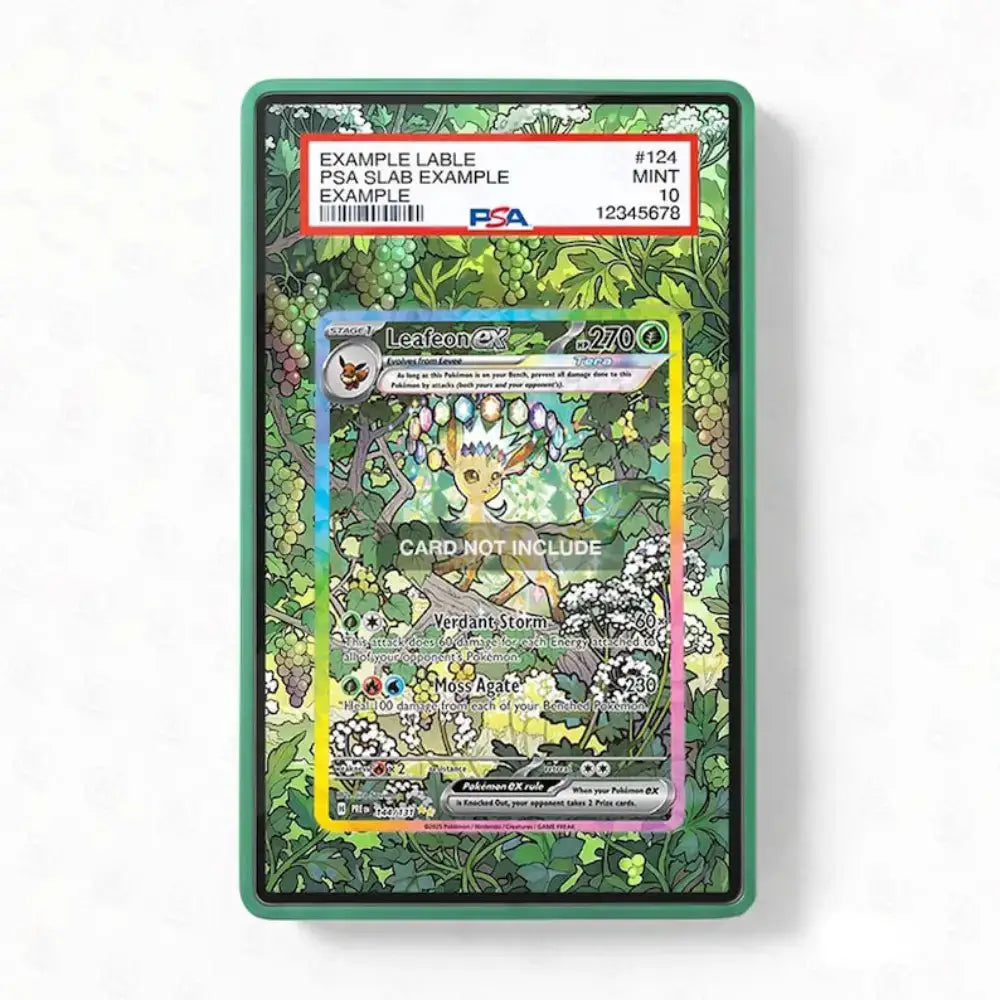 Pokémon trading card in a green display case with label