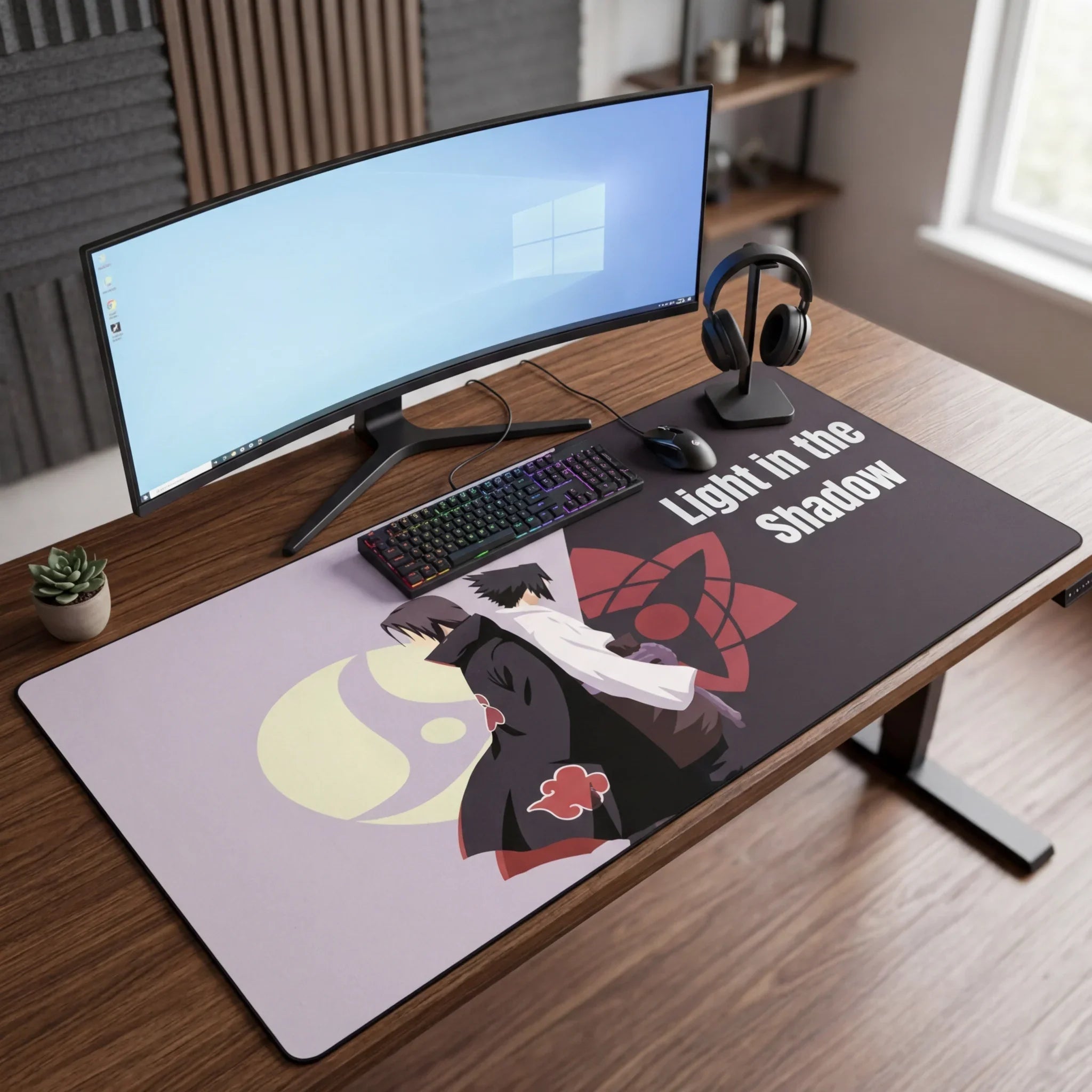 Minimalist gaming desk setup with ultrawide monitor and large anime mouse pad featuring ‘Light in the Shadow’ design and Naruto-inspired artwork