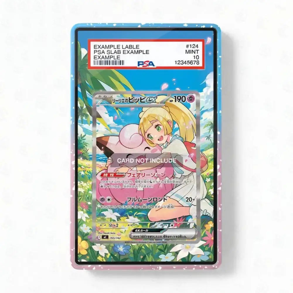 A PSA graded sample trading card slab showing an illustrated card with a colorful floral border and a red PSA label at the top, photographed against a plain light background.