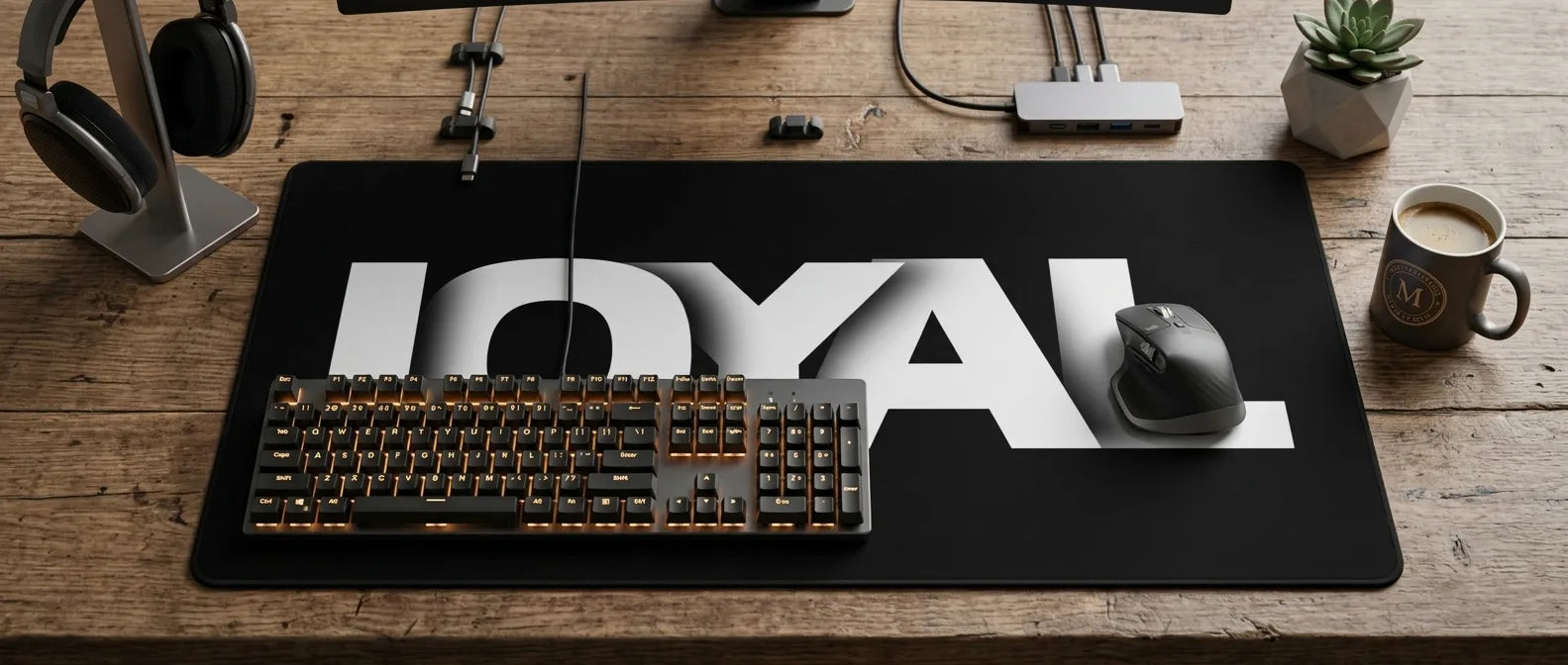 Loyal desk mat with bold white typography, extended mouse pad under mechanical keyboard and gaming mouse, premium workspace setup.
