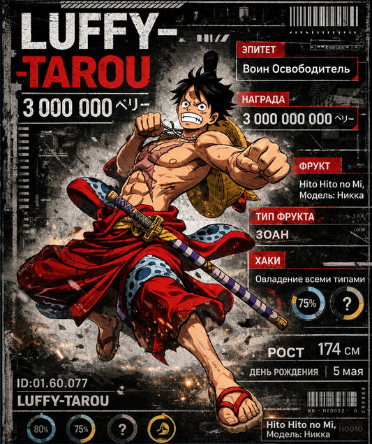 One Piece Luffy-Tarou anime artwork featuring samurai-inspired pose, bold manga design, and bounty-style graphic background