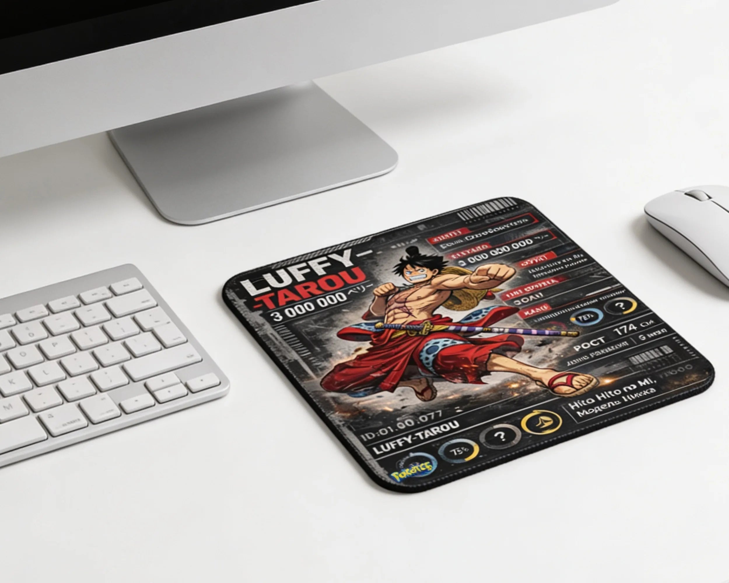 Stylish One Piece Luffy-Tarou anime mouse pad featuring samurai artwork on minimalist computer desk setup
